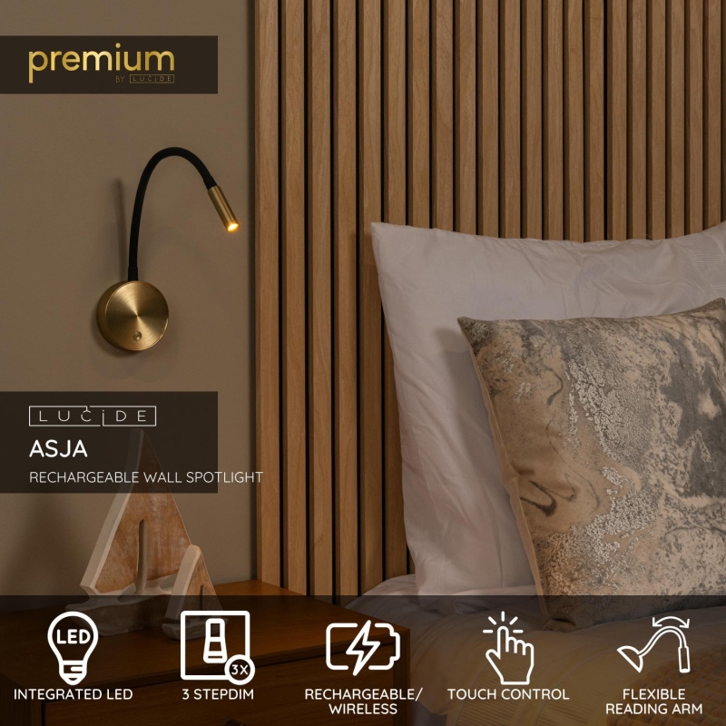 Lucide ASJA - Nástenné bodové svietidlo / Nástenné svietidlo - LED Dim. - 1x3W 2700K - S nabíjacím bodom USB - Matt Gold / Mosadz